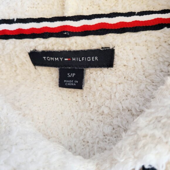 Tommy Hilfiger Hoodie Womens Small Cream Fuzzy Fleeece Pullover Spellout Logo - Picture 6 of 7